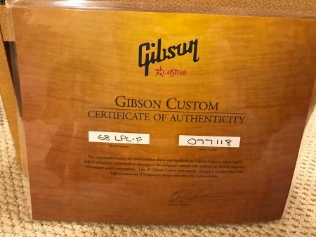  1968 Gibson Les Paul Custom Certificate Of Authenticity 
