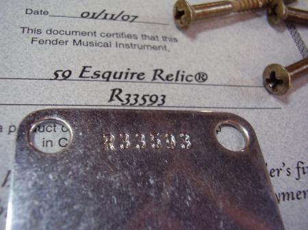 1959 ESQUIRE RELIC FENDER NECK PLATE AND COA