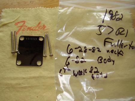 1982 Fullerton 1957 RI USA Fender Strat Neck Plate with screws