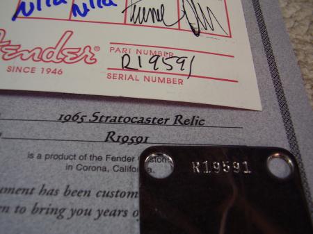 1965 custom Shop RELIC Neck Plate/COA/Hang Tag