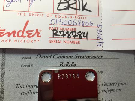 2014 David Gilmour Signature Fender Custom Shop COA & Neck Plate